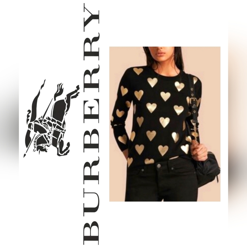 Burberry Black Merino Wool Sweater with Gold Metallic Hearts. Size Medium